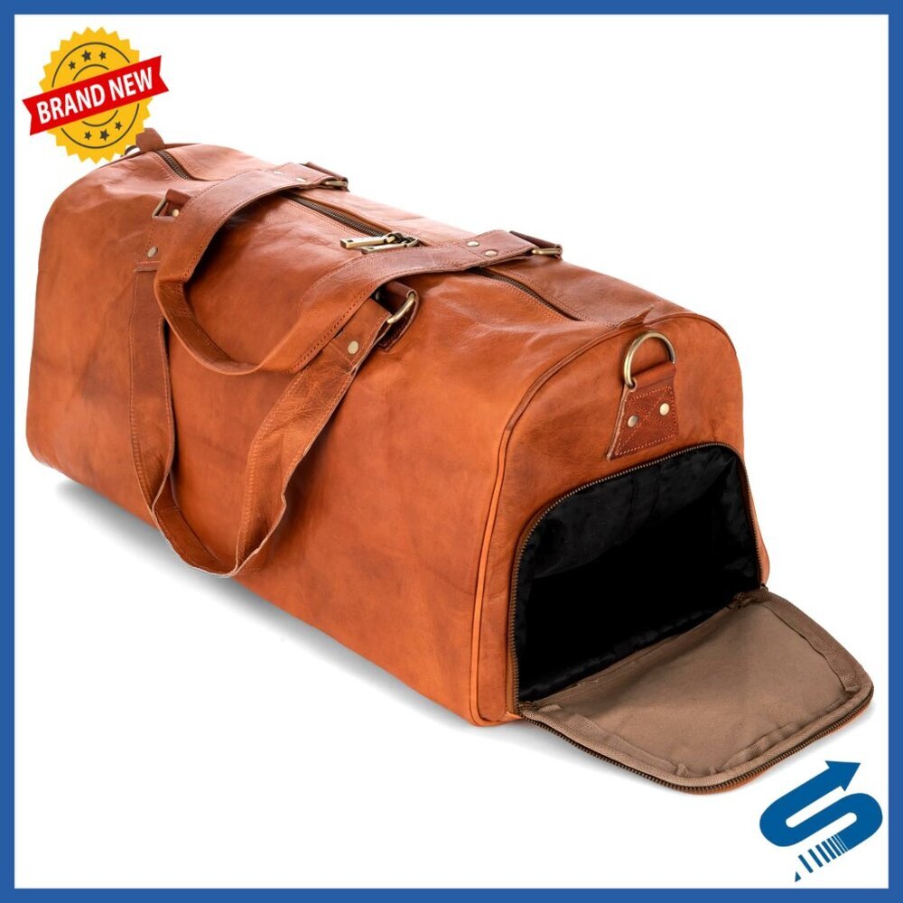 Genuine Leather Travel Duffel Bag with Shoe Compartment and Shoulder Strap